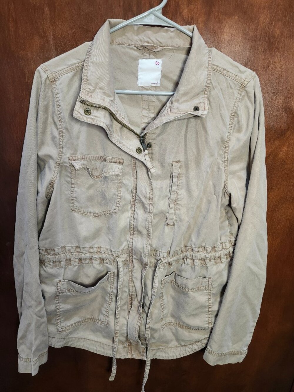 Women's SO Brand Utility Zip/Button Military Jacket, Tan, Large